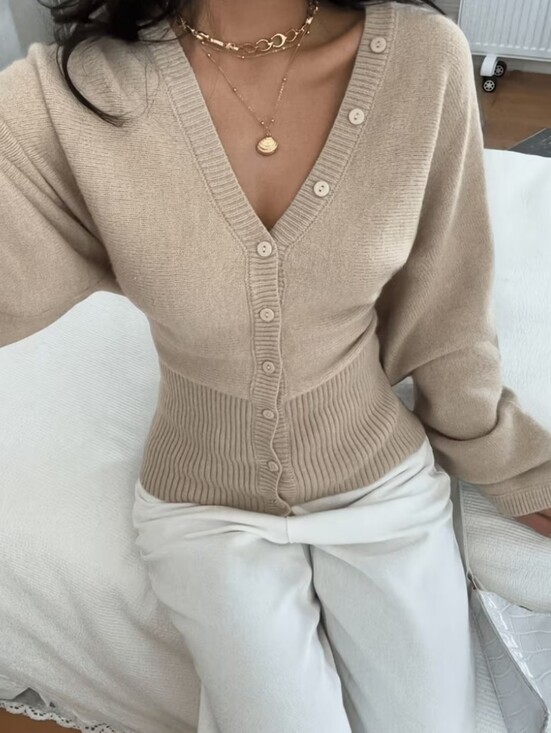 Sweaters - Style Belted Cardigan, Khaki V-Neck Waist-Cinching Lantern Sleeve Sweater